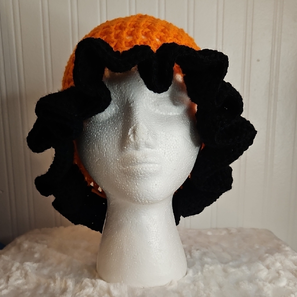 NEW Orange and Black Crochet Mesh Ruffle Bucket Hat